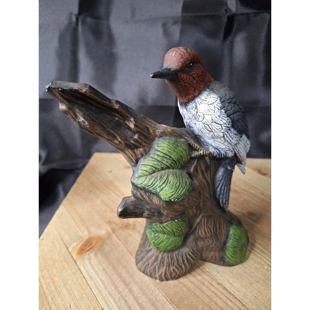 Vintage Red Headed Woodpecker Ceramic Figurine Bird on Tree Stump Statue 8.5